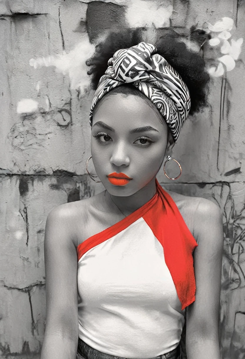 Black and white sketch of a black beautiful young woman with vivid red lipstick, afro hair and colorful head wrap, set against a vibrant urban backdrop featuring bold graffiti in a dynamic digital art style. This design seamlessly blends traditional elegance with contemporary street art, creating a striking visual contrast perfect for a unique and eye-catching t-shirt."