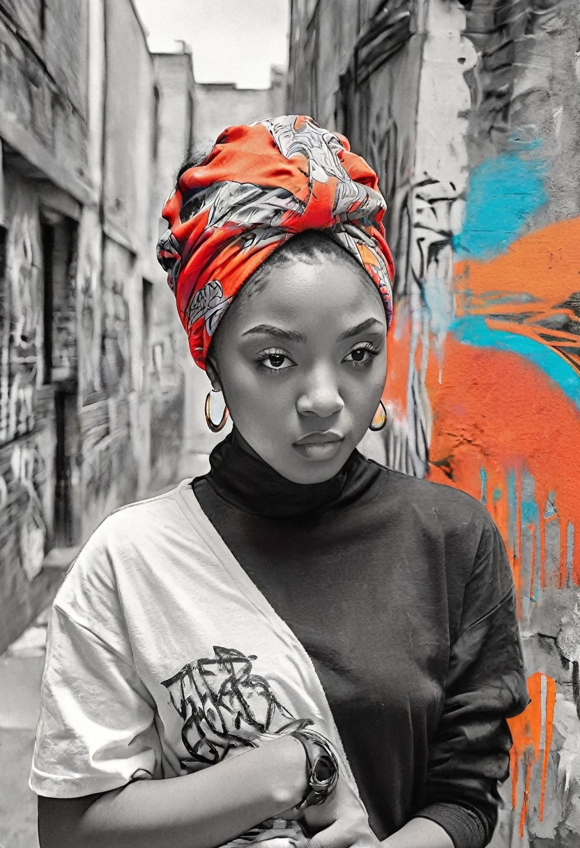 Black and white sketch of a black beautiful young woman with vivid red lipstick, afro hair and colorful head wrap, set against a vibrant urban backdrop featuring bold graffiti in a dynamic digital art style. This design seamlessly blends traditional elegance with contemporary street art, creating a striking visual contrast perfect for a unique and eye-catching t-shirt."