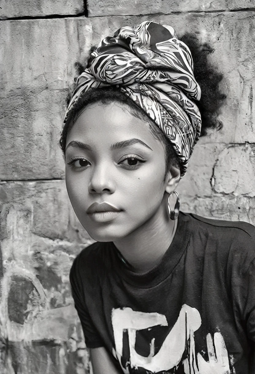 Black and white sketch of a black beautiful young woman with vivid red lipstick, afro hair and colorful head wrap, set against a vibrant urban backdrop featuring bold graffiti in a dynamic digital art style. This design seamlessly blends traditional elegance with contemporary street art, creating a striking visual contrast perfect for a unique and eye-catching t-shirt."