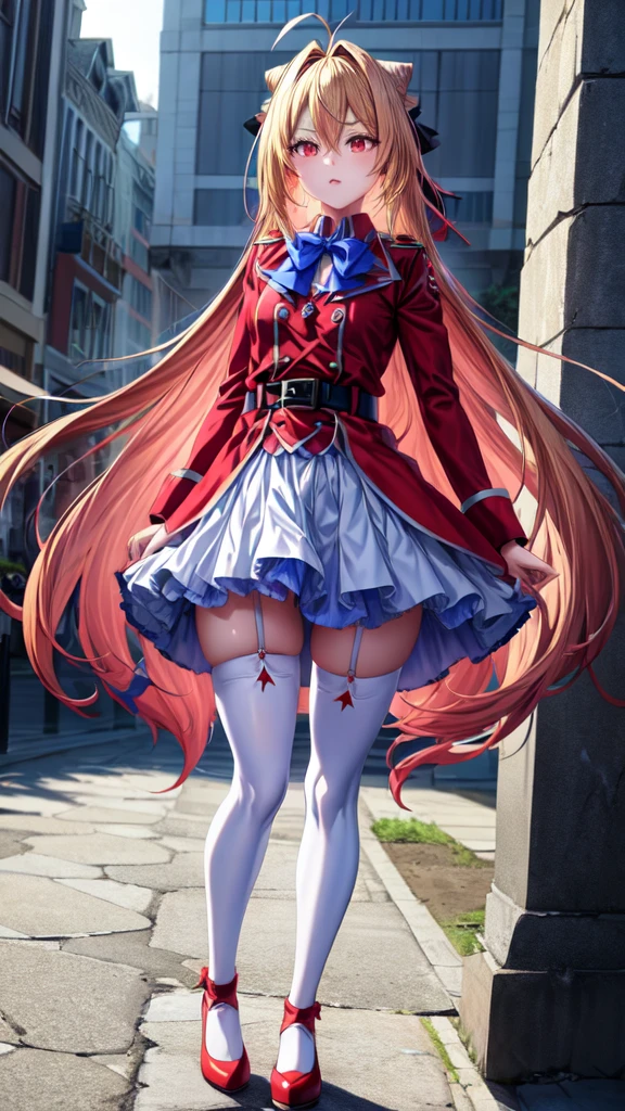 ((Best Quality)), ((Masterpiece)), (detailed), (full body view), {Terakomari Gandesblood}, {1girl, Alone, long hair, blonde hair, cone hair bun, hair ornament, hair intakes, Ahoge, bangs, red eyes, blue bowtie, red jacket, red coat, long sleeves, belt, white skirt, garter straps, white thighhighs}, He has a blood red katana, {correct anatomy}, (remove noise), (illuminated by god).