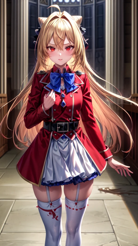 ((Best Quality)), ((Masterpiece)), (detailed), (full body view), {Terakomari Gandesblood}, {1girl, Alone, long hair, blonde hair, cone hair bun, hair ornament, hair intakes, Ahoge, bangs, red eyes, blue bowtie, red jacket, red coat, long sleeves, belt, white skirt, garter straps, white thighhighs}, He has a blood red katana, {correct anatomy}, (remove noise), (illuminated by god).