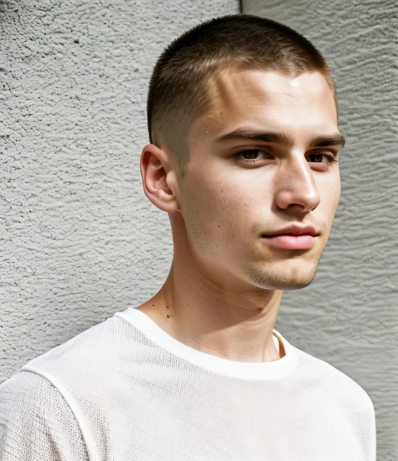 (ultra-high-resolution 8K, best quality), (photo realistic:1.4), fashion model, american, man, 28years old, athlete, caucasian, square face, black and small eyes, stern eyes, thick and straight eyebrows, snub nose, plump lips, fair skin with detailed and realistic skin texture, (buzz cut:1.2), single eyelid, closed mouth, wearing white no-sleeve top, exuding the vibe of a fashion model with a neutral, serious expression, (profile), upper body, detailed hair, epiC35mm