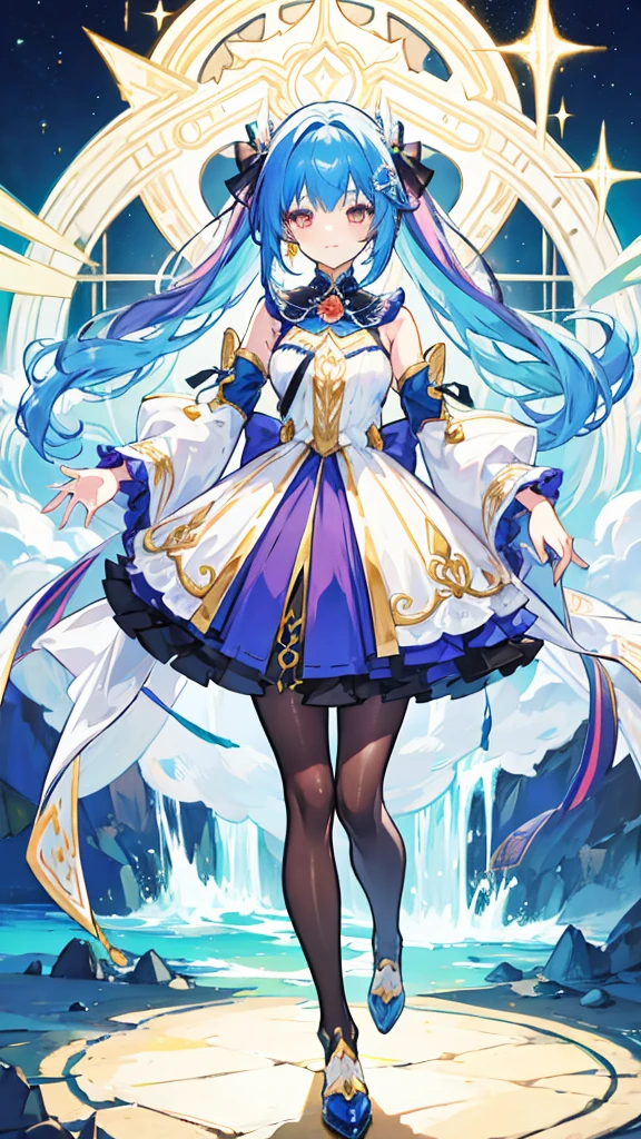 fantasy world girl with colorful hair, accessories, detailed clothes, pantyhose