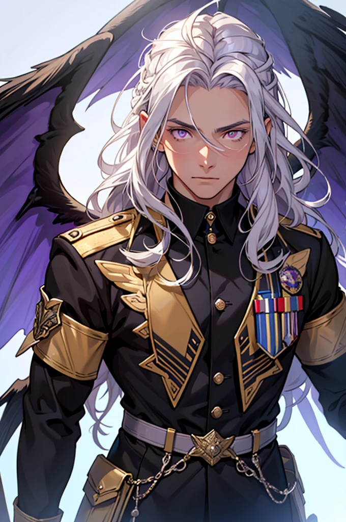 1 person, adult, ((young male)), Long wavy platinum hair, high, youthful, tan skin tone, Rothes Haar, glowing purple eyes, black feather wings, large wings reaching above head, Rafe, philosopher, Ernst, Exquisite military uniform, military style clothing, difficult, Tiefenfeld, Dynamic light source, (Best quality), (masterpiece)
