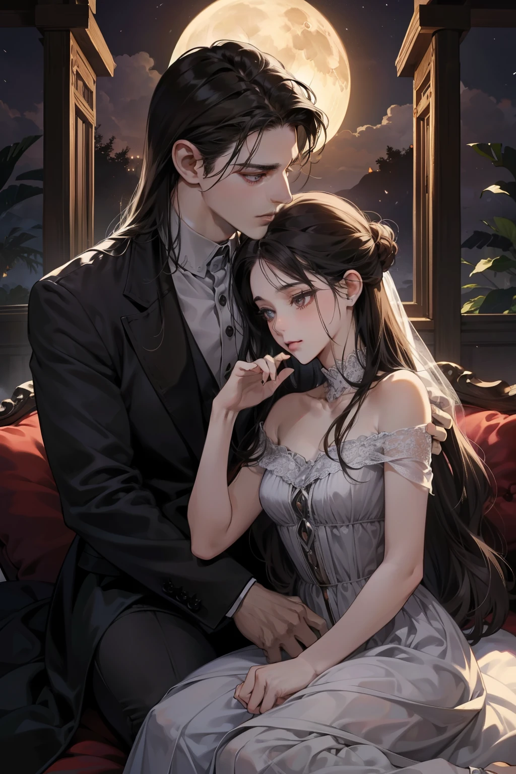 **Creada por: Midoru**
(masterpiece:1.4), best quality,
Dark and Romantic Scene, dramatic,
A couple, passionate, sultry, enchanting, captivating, splendid, dark-haired couple, mysterious, night canvas, moonlit ambiance, romantic, tender, submission, dominance, sensual, passionate, enchanting, captivating, splendid, dark-haired couple, seductive, sensual, sophisticated, Gothic charm, veiled moon in the background, elusive light and shadows, emotions poured onto the canvas.
1 girl, dark brown hair, long wavy hair, sleek