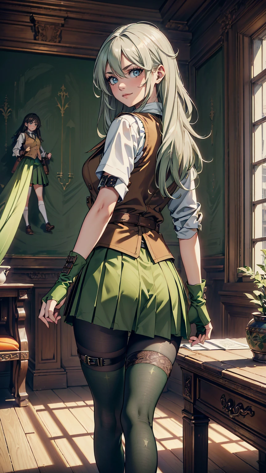 最high quality、Ultra High Definition, Ultra High Quality, Hyper Definition, Hyper Quality, Hyper Detailed, Extremely Detailed, Perfectly Detailed, Best image quality、masterpiece、woman((20-year-old、Looking Back Over Shoulder, super dynamic pose , legs bent at the knees, Green solid eyes, Silver long Hair、Disheveled Hair、Long White Hair、thin,Fingerless Glove、Green Skirt, Tights, Smirk、Brown School Vest , Dressed in school)),high quality、Beautiful art、background((Inside the mansion))、Written boundary depth、 movie、Visual Arts、Perfect art、8K,Genuine、