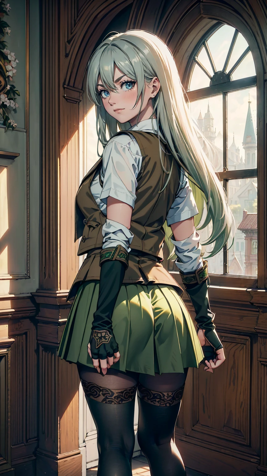 最high quality、Ultra High Definition, Ultra High Quality, Hyper Definition, Hyper Quality, Hyper Detailed, Extremely Detailed, Perfectly Detailed, Best image quality、masterpiece、woman((20-year-old、Looking Back Over Shoulder, super dynamic pose , legs bent at the knees, Green solid eyes, Silver long Hair、Disheveled Hair、Long White Hair、thin,Fingerless Glove、Green Skirt, Tights, Smirk、Brown School Vest , Dressed in school)),high quality、Beautiful art、background((Inside the mansion))、Written boundary depth、  movie、Visual Arts、Perfect art、8K,Genuine、