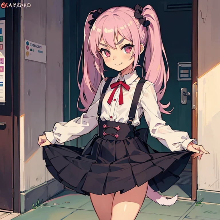 Young girl with pink hair, long twintail with double scrunchie on each tail hairstyle, (pink eyes),, ((small bushy eyebrows)), wearing gothic lolita clothing, lolicon (Zankuro) drawing style by zankuro artist, Zancrow style, image uploaded to R34, walking to school, flirty smile, , lifting her skirt to show her vagina wet with semen