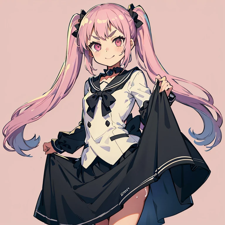 Young girl with pink hair, long twintail with double scrunchie on each tail hairstyle, (pink eyes),, ((small bushy eyebrows)), wearing gothic lolita clothing, lolicon (Zankuro) drawing style by zankuro artist, Zancrow style, image uploaded to R34, walking to school, flirty smile, , lifting her skirt to show her vagina wet with semen