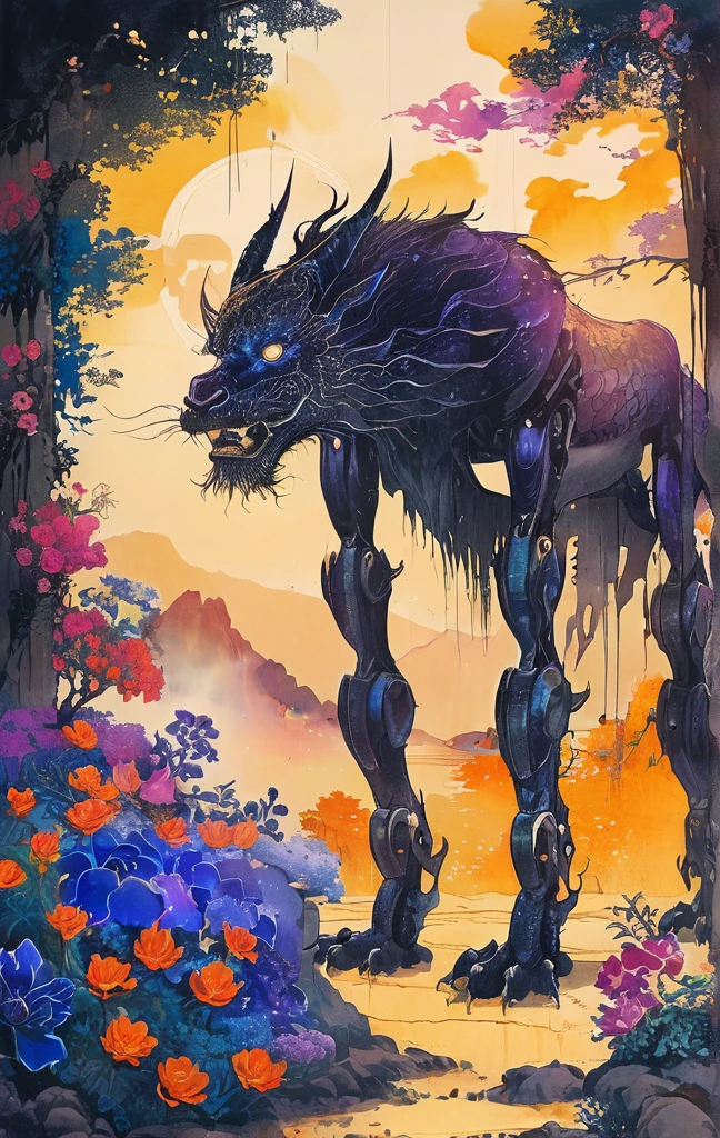 A white dragon lies in the middle of an endless field of purple flowers., Snow Capped Mountain々and、Golden sunset light surrounded by sparkling blue sky. The whole scene is filled with a dream-like atmosphere., Vibrant colors and detailed background elements are rendered in high resolution、Highly detailed in the highest quality illustration style。. Girl with black hair and white eyes, Dressed in darkness , Standing next to an anthropomorphic lion, The two and are looking at the camera. The background features an intricate pattern of flowers and leaves.., Black and, Shooting from a low angle, High resolution and high definition, masterpiece