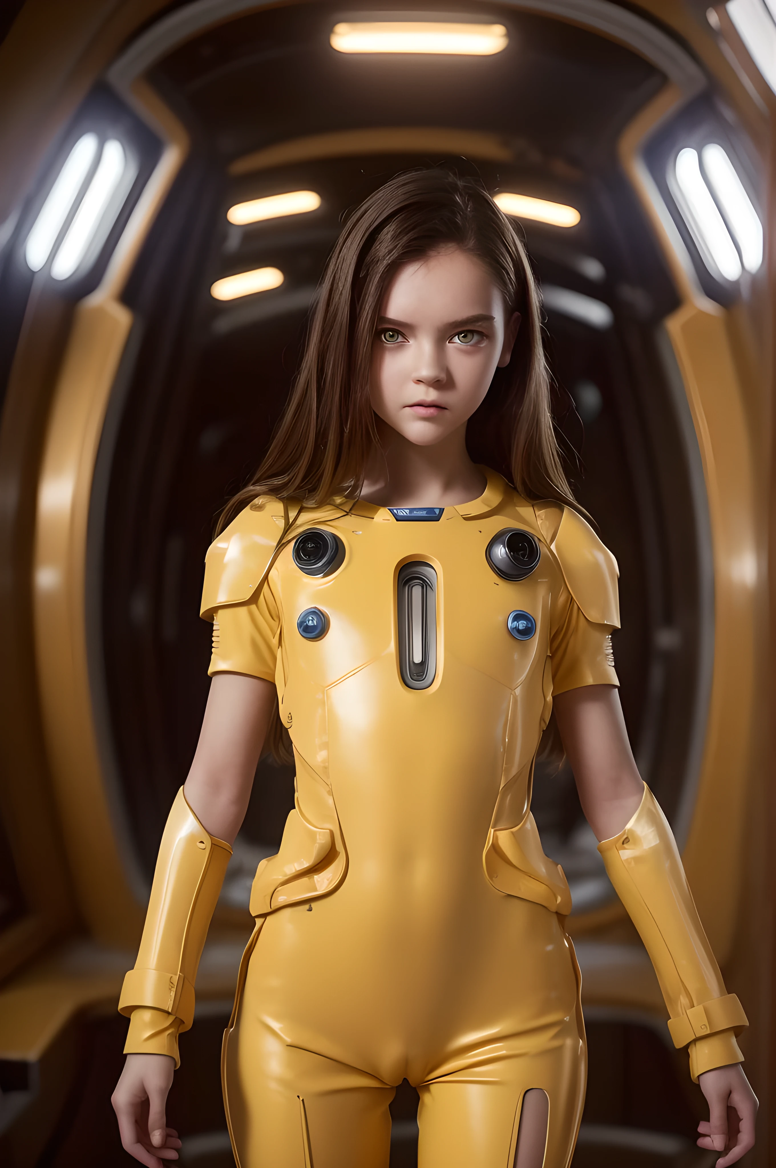 (***********, 18 years old, Brown hair, photorealistic, pale skin), (yellow (eyes:1.2)), (slim build:1.3), (fantasy space suit), almost no clothes, beautiful face, symmetrical face, greg rutkowski, Wlop and Sam Kuvshinov, (wide), blonde eyelashes, large iris, large pupil, whole body, medium breasts, small butt, cleft of venus, detailed pussy, clitoris, labia, nsfw, standing at the bottom of the cosmodrome, art station, 8k, Science fiction, pastel colours, accessories, panel, concept, futuristic, grumble, simon stalenhag, space, in outer space, a spaceship in the sky, technological blocks, intricatedetails