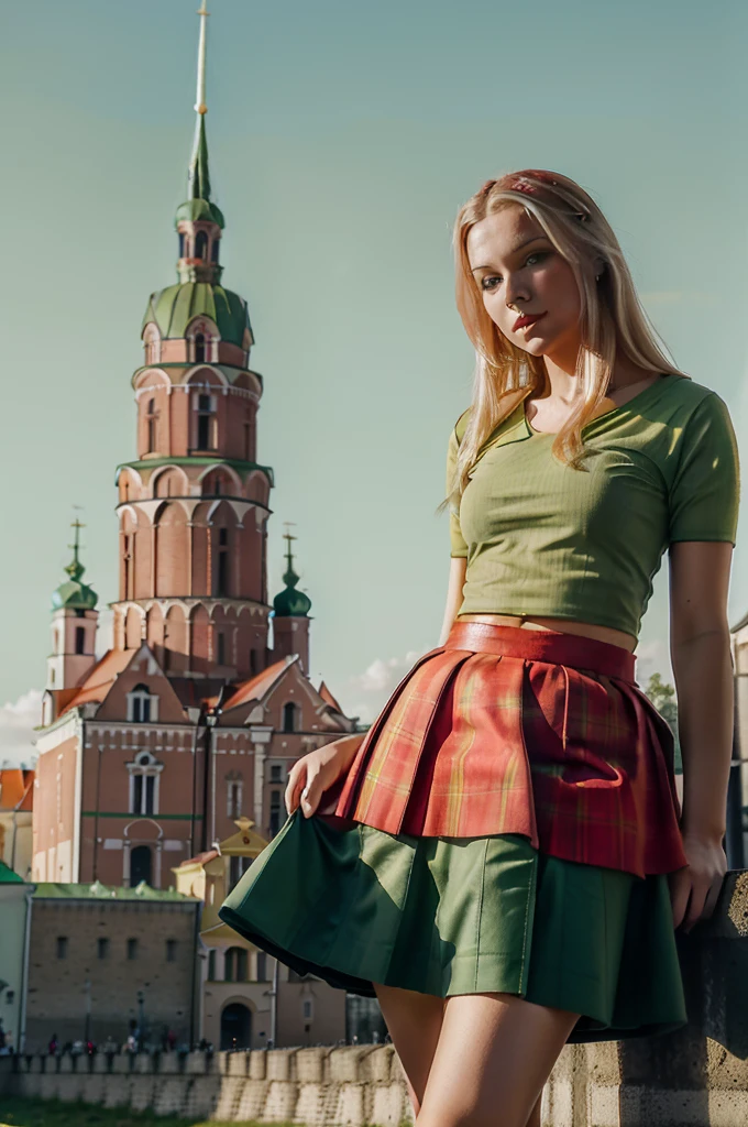 Lituania, pretty women blonde, ((In Vilnius City)), (((the Vilnius cathedrale tower))), (((wear a green top)), (((wear a red skirt)))