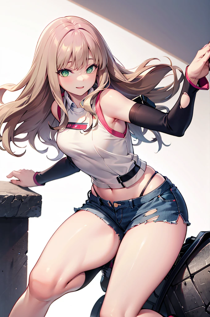 realistic image, coherent image, detailed image, 1 beautiful girl. She has light brown hair, long wavy hair. Green eyes, long eyelashes. Her face is oval and delicate. Smiling. She is wearing a small sleeveless shirt, torn shorts. She has a curvy body, medium breasts, thin waist, thick thighs. sexy pose. view of her full body. White background. uniform background. natural lighting in front, volumetric lighting,