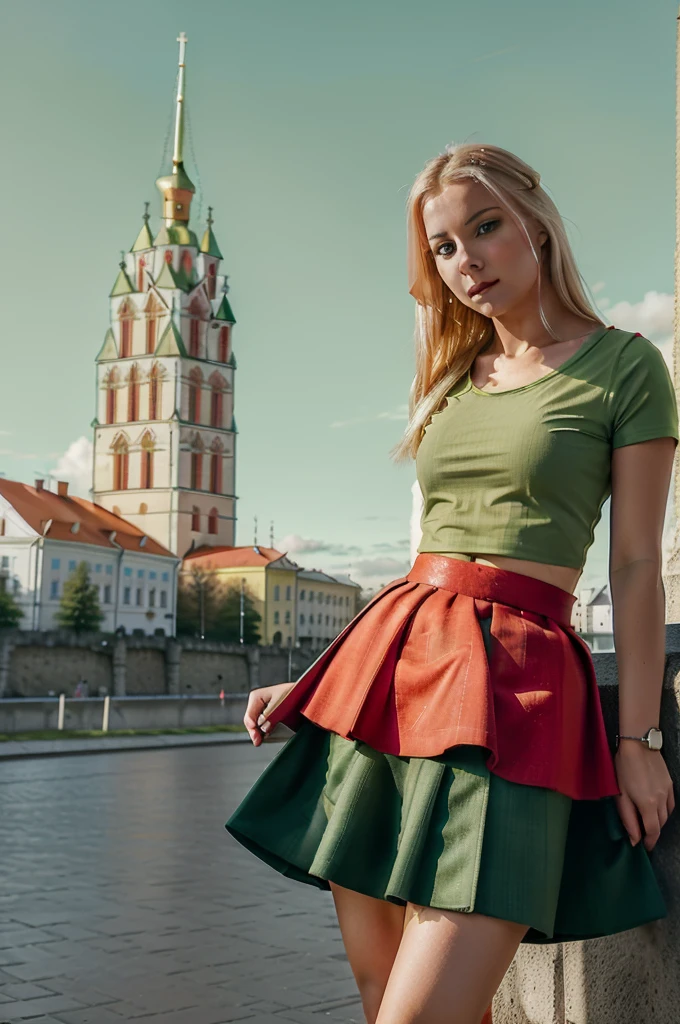 Lituania, pretty women blonde, ((In Vilnius City)), (((the Vilnius cathedrale tower))), (((wear a green top)), (((wear a red skirt)))