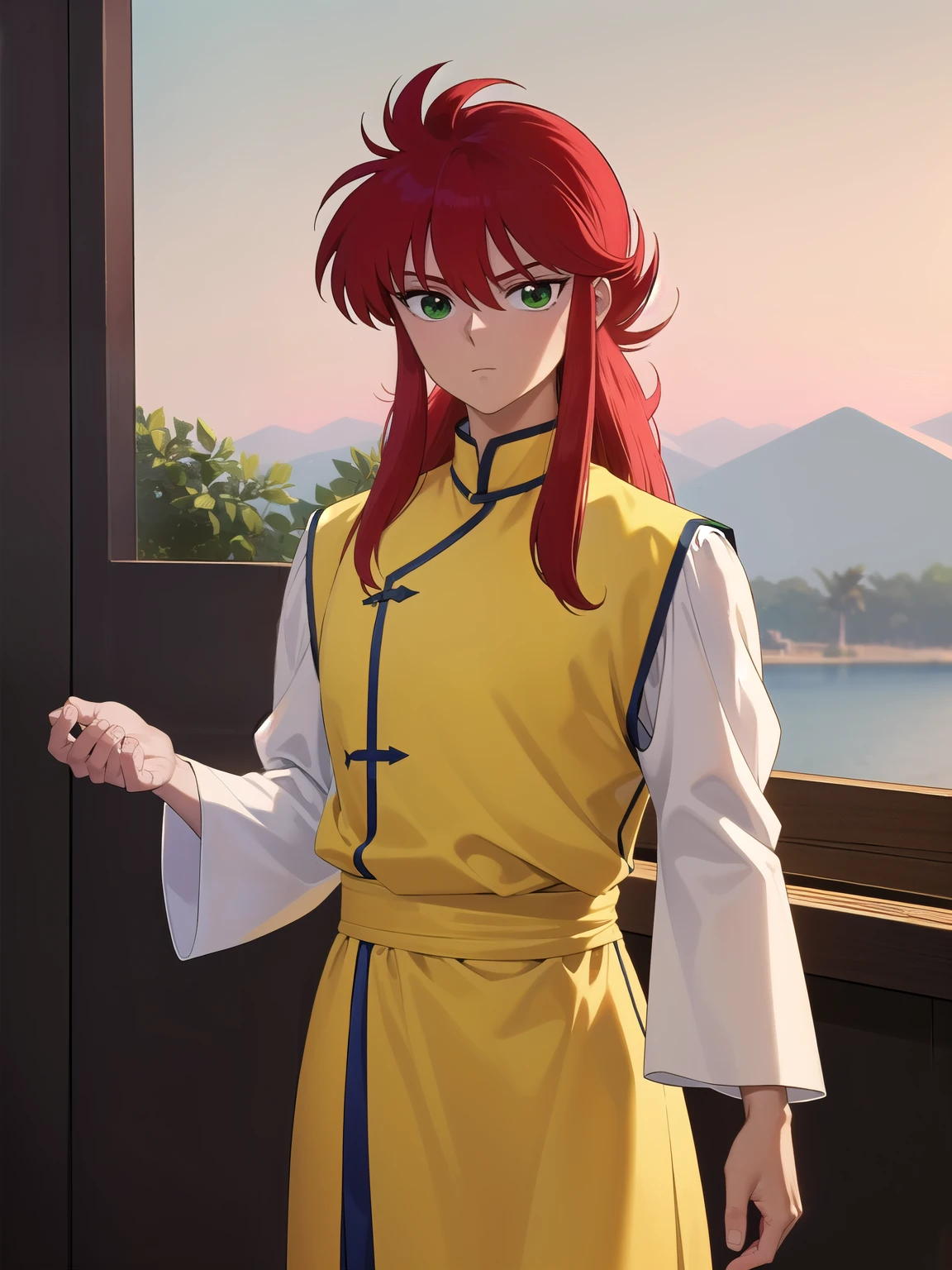 kurama, kurama, long hair, red hair, bangs, (green eyes:1.5), (retro artstyle:1.5), 1990s \(style\),
BREAK long sleeves, pants, chinese clothes, white pants, (yellow shirt:1.5), (white sleeves:1.5), (pelvic curtain:1.2), sash, sleeveless shirt, (((dark sky back ground)))
BREAK looking at viewer, cowboy shot,
BREAK (masterpiece:1.2), best quality, high resolution, unity 8k wallpaper, (illustration:0.8), (beautiful detailed eyes:1.6), extremely detailed face, perfect lighting, extremely detailed CG, (perfect hands, perfect anatomy),