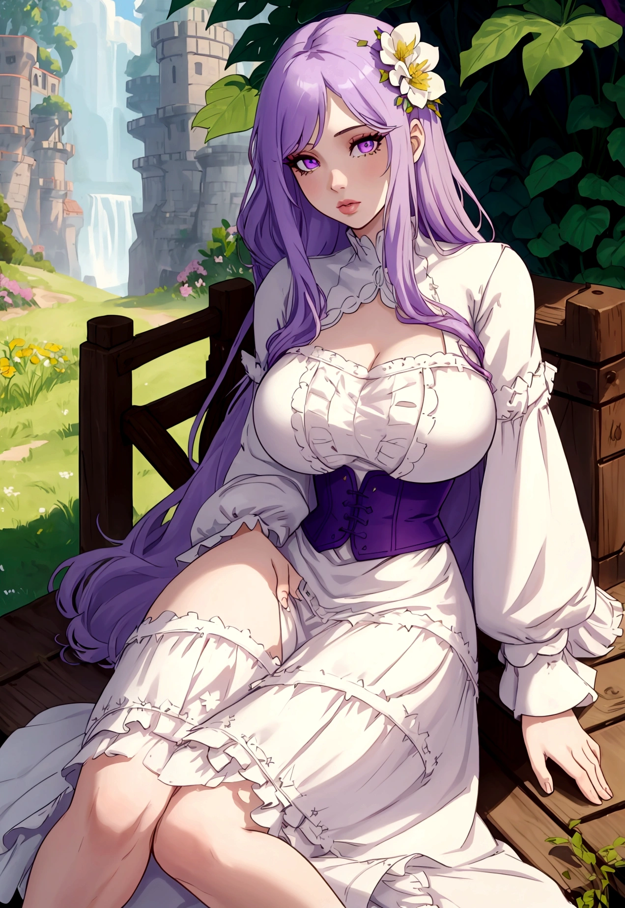 A woman with very long straight light purple hair, beautiful torn light purple eyes, light pink lips, pale white skin, huge breasts, thin waist, big hips, granary, vintage dress , pink nipples, Pink vagina, blush on her cheeks, light and lace stockings, sitting under a tree, summer, stardew valley style