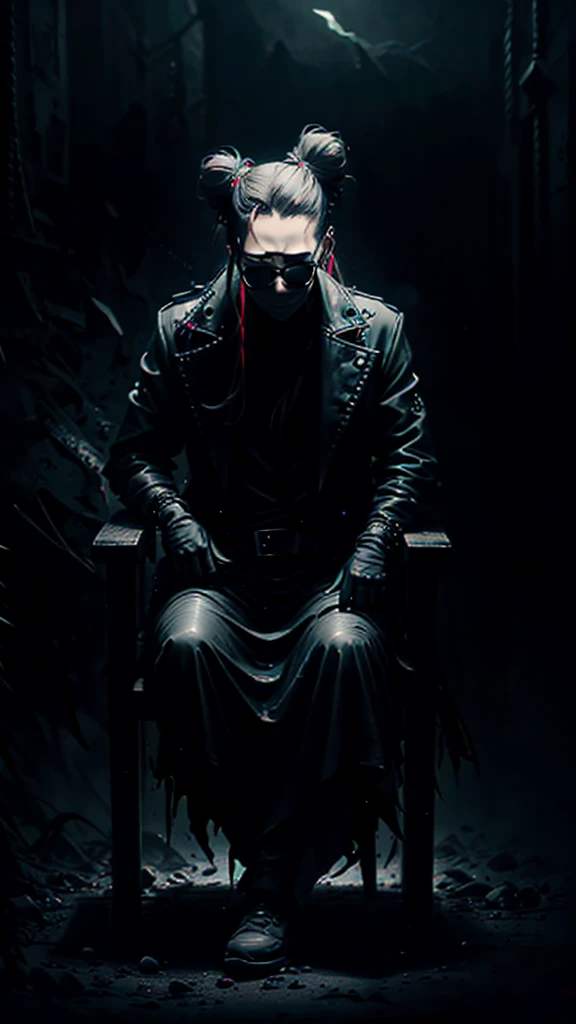a stylish korean man with long hair tied in bun, wearing black round sunglasses, black leather gloves, dark clothing, sitting on a chair in a dark environment, dynamic point of view, best quality, ultra-detailed, photorealistic, vivid colors, dramatic lighting, chiaroscuro, dark and moody atmosphere, masculine, charismatic, punk style