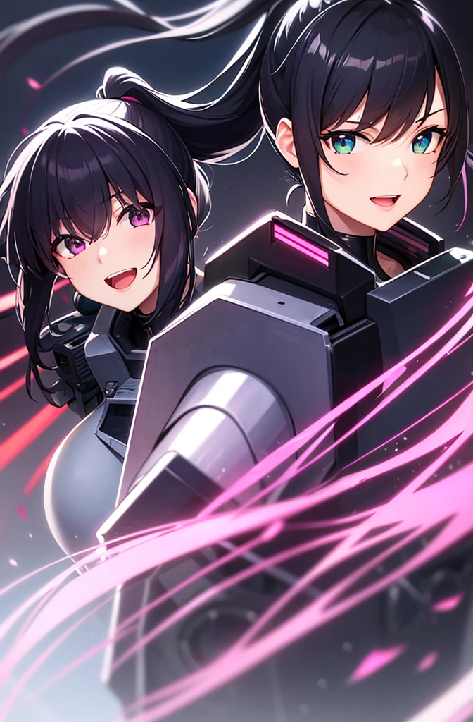 最high quality, high quality, 8K、High resolution,Highest quality、solo、Black Hair, ponytail, Open Mouth Smile, Secret spy,A heroine of justice wearing pink mecha cyber armor