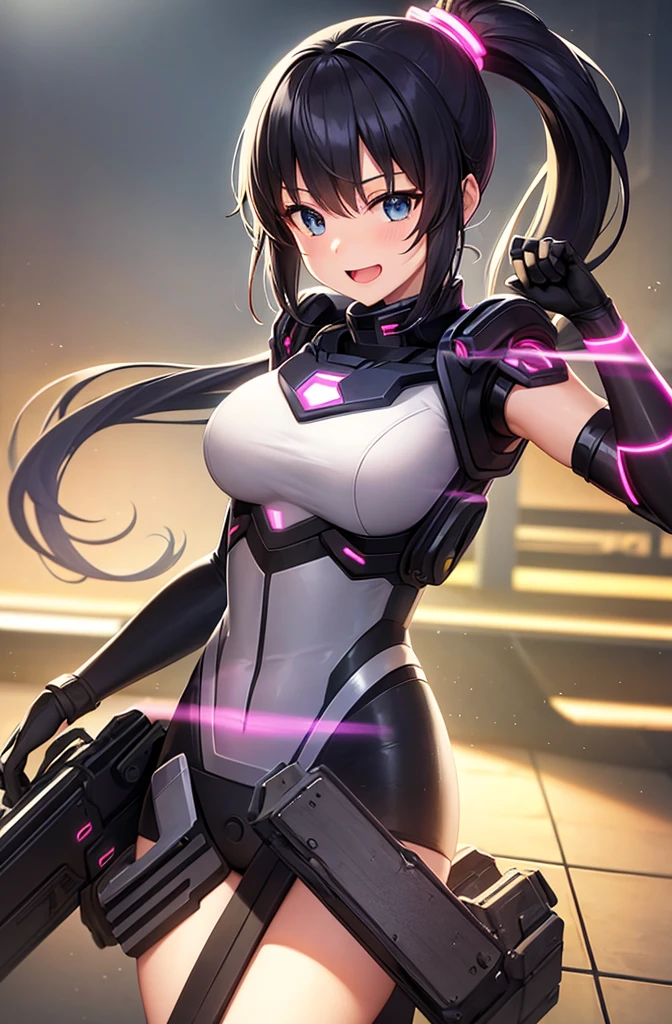 最high quality, high quality, 8K、High resolution,Highest quality、solo、Black Hair, ponytail, Open Mouth Smile, Secret spy,A heroine of justice wearing pink mecha cyber armor