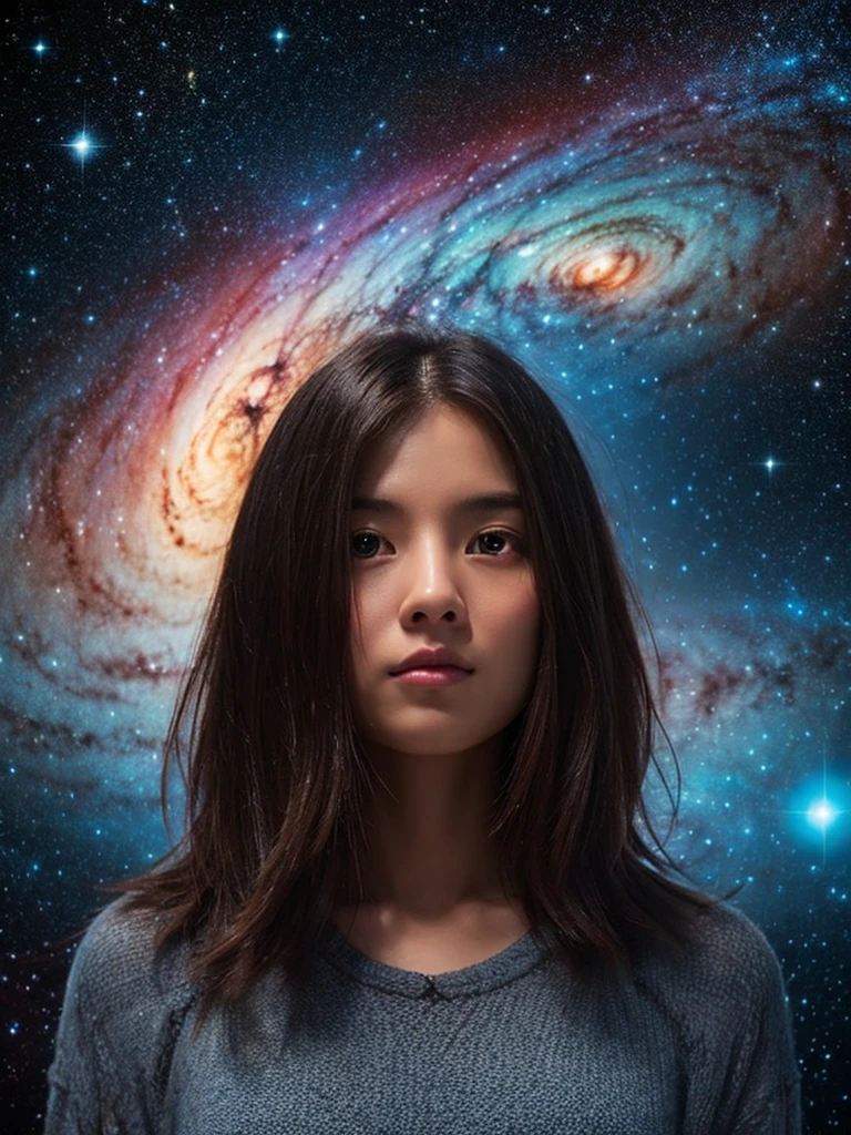 A mysterious person in the middle of the universe is looking at you, A fantastic atmosphere,