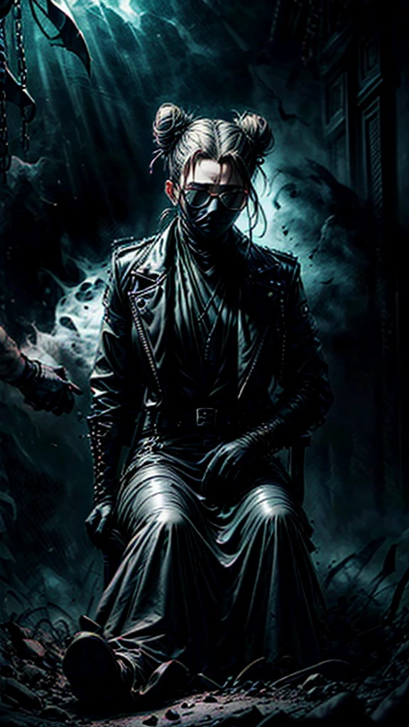 a stylish korean man with long hair tied in bun, wearing black round sunglasses, black leather gloves, dark clothing, sitting on a chair in a dark environment, dynamic point of view, best quality, ultra-detailed, photorealistic, vivid colors, dramatic lighting, chiaroscuro, dark and moody atmosphere, masculine, charismatic, punk style