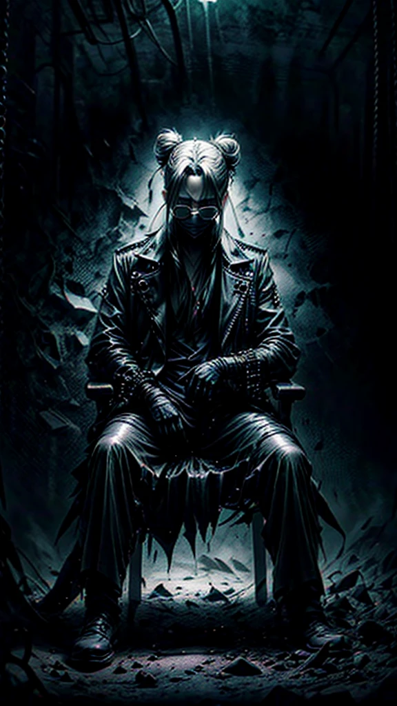 a stylish korean man with long hair tied in bun, wearing black round sunglasses, black leather gloves, dark clothing, sitting on a chair in a dark environment, dynamic point of view, best quality, ultra-detailed, photorealistic, vivid colors, dramatic lighting, chiaroscuro, dark and moody atmosphere, masculine, charismatic, punk style