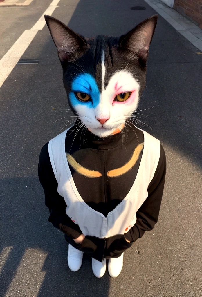 surreal art,progressive, Light and shadow, Cat face painted on the street, Squeezing his eyes, he cries,Coming out from the streets