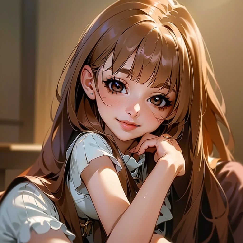 (masterpiece, best quality, ultra-detailed, highres, 4k),(beautiful detailed eyes),(very detailed face),(1girl),HDR,long hair, cute, brown eyes, brown hair, cellphone, watch, lips, solo focus, nail polish, blurry background, smile, wristwatch, realistic, blurry, looking at viewer