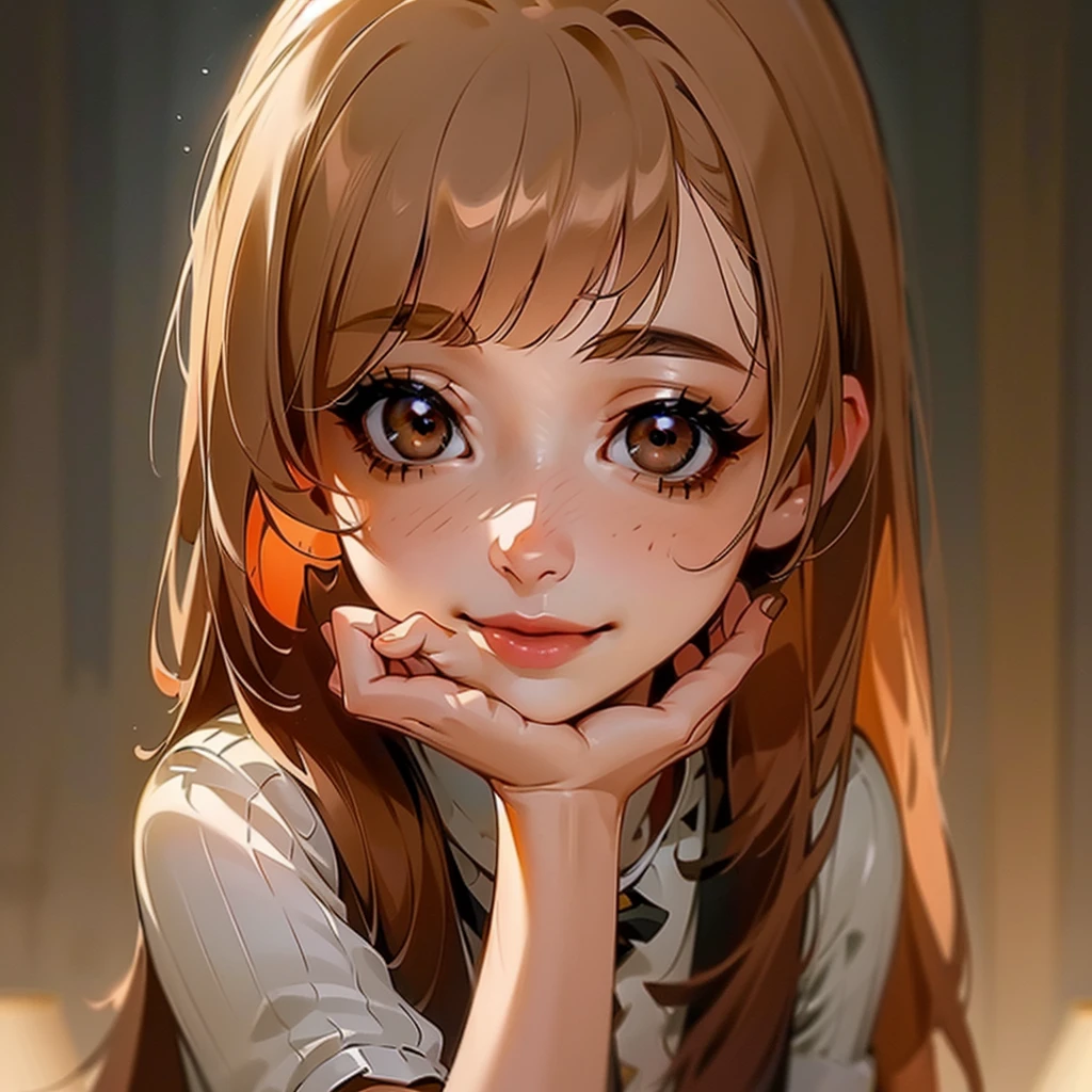 (masterpiece, best quality, ultra-detailed, highres, 4k),(beautiful detailed eyes),(very detailed face),(1girl),HDR,long hair, cute, brown eyes, brown hair, cellphone,  watch, lips, solo focus, nail polish, blurry background, smile, wristwatch, realistic, blurry, looking at viewer
