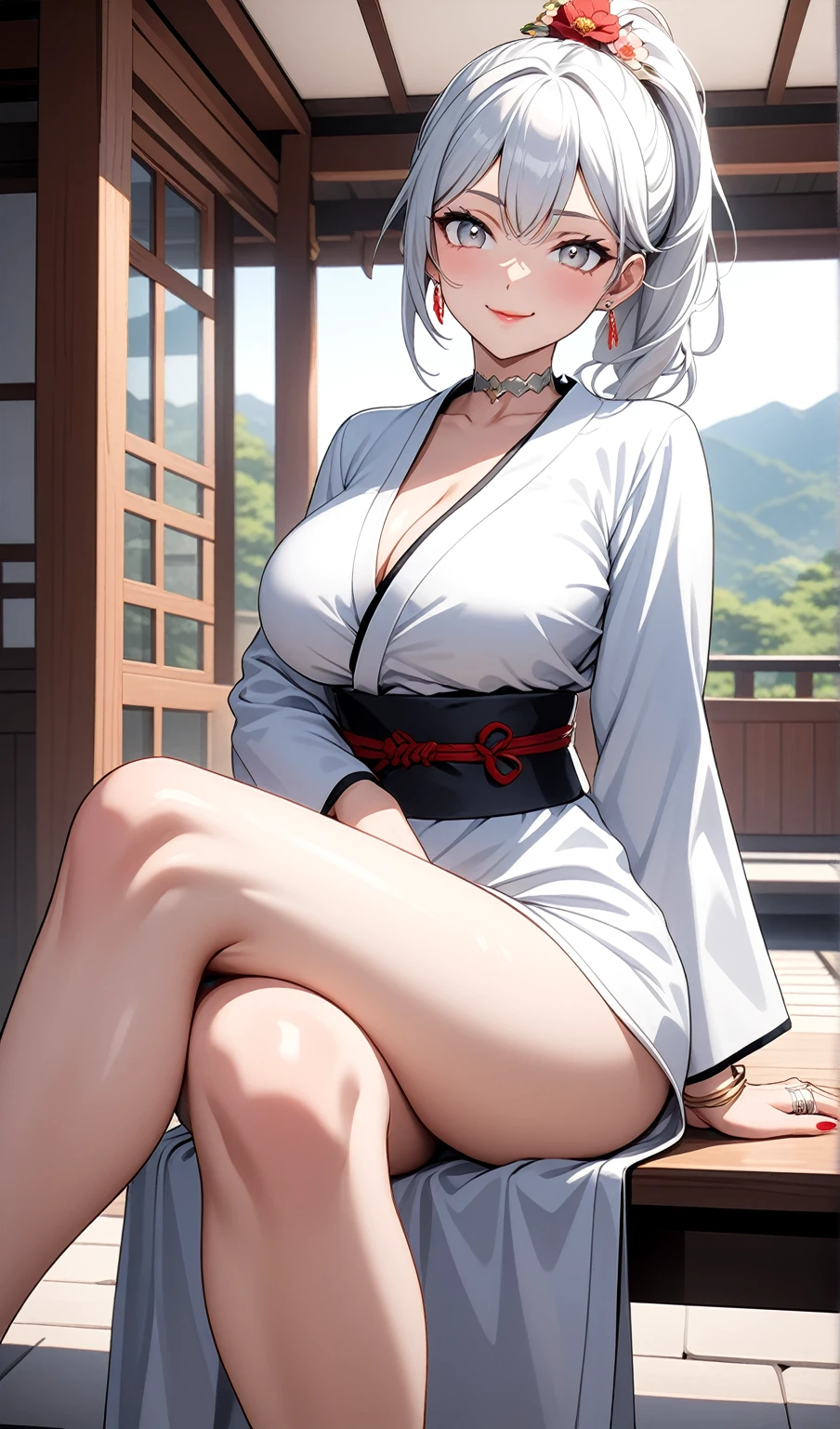 hight resolution, absurdres, best_Quality, Ultra_Detailled, 8K, extremely_clear, photo, beautiful, Beautiful face, Scharp Focus, HDR, 1girl, Clean eyes, very wide-eyed,old japanese town in the mountains in the background , Beautiful face, very red areola, standing , very seductive pose, very young, no bra, bare chest, nude , naked, No Top, NSFW, gray hair with ponytail, bare, no clothing, pussy