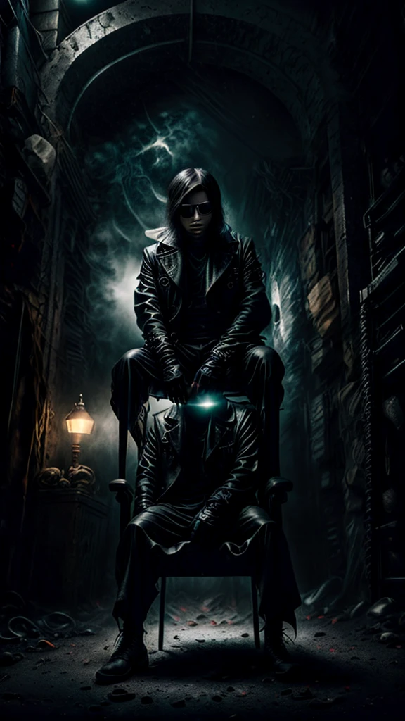 a stylish korean man with long hair tied in bun, wearing black round sunglasses, black leather gloves, dark clothing, sitting on a chair in a dark environment, dynamic point of view, best quality, ultra-detailed, photorealistic, vivid colors, dramatic lighting, chiaroscuro, dark and moody atmosphere, masculine, charismatic, punk style