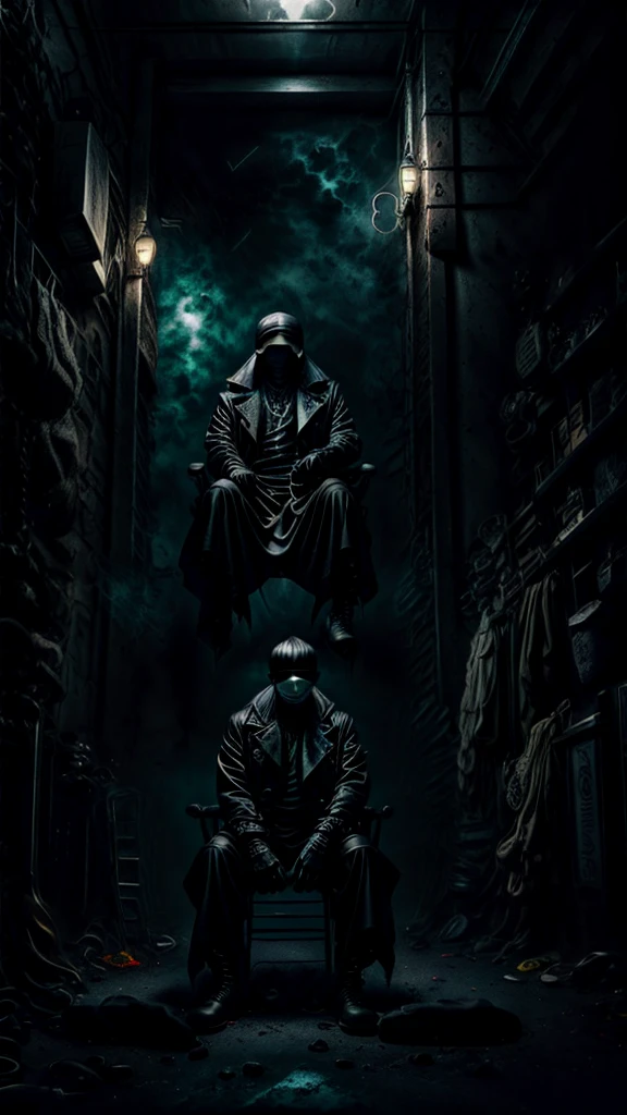 a stylish korean man with long hair tied in bun, wearing black round sunglasses, black leather gloves, dark clothing, sitting on a chair in a dark environment, dynamic point of view, best quality, ultra-detailed, photorealistic, vivid colors, dramatic lighting, chiaroscuro, dark and moody atmosphere, masculine, charismatic, punk style
