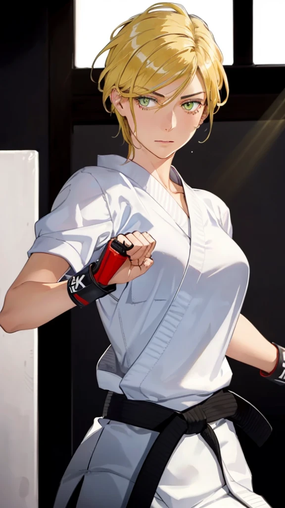 ((((masterpiece, best quality, high resolution)))), Extremely detailed 8K, 1 female, wearing a white Karate gi, (Ultra HD, Ultra-detailed, Highly detailed, Highly realistic, Ultra-realistic, photograph realistic), (1girl:1.5), (Realistic yellow hair), (dynamic poses), facing at camera, looking at viewer, (slightly serious face), (green eyes, sharp eyes), (perky breasts:1.2), (beautiful detailed face, beautiful detailed eyes), ((worn out karate gi)), (preparing for a fight), sweat, glow, (sunbeam, sunlight), ((cowboy shot)), inside a training gym, seductive, EnvyBetterHands LoCon,