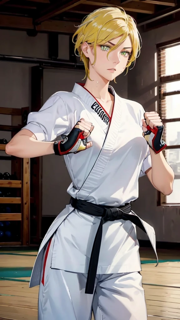 ((((masterpiece, best quality, high resolution)))), Extremely detailed 8K, 1 female, wearing a white Karate gi, (Ultra HD, Ultra-detailed, Highly detailed, Highly realistic, Ultra-realistic, photograph realistic), (1girl:1.5), (Realistic yellow hair), (dynamic poses), facing at camera, looking at viewer, (slightly serious face), (green eyes, sharp eyes), (perky breasts:1.2), (beautiful detailed face, beautiful detailed eyes), ((worn out karate gi)), (preparing for a fight), sweat, glow, (sunbeam, sunlight), ((cowboy shot)), inside a training gym, seductive, EnvyBetterHands LoCon,