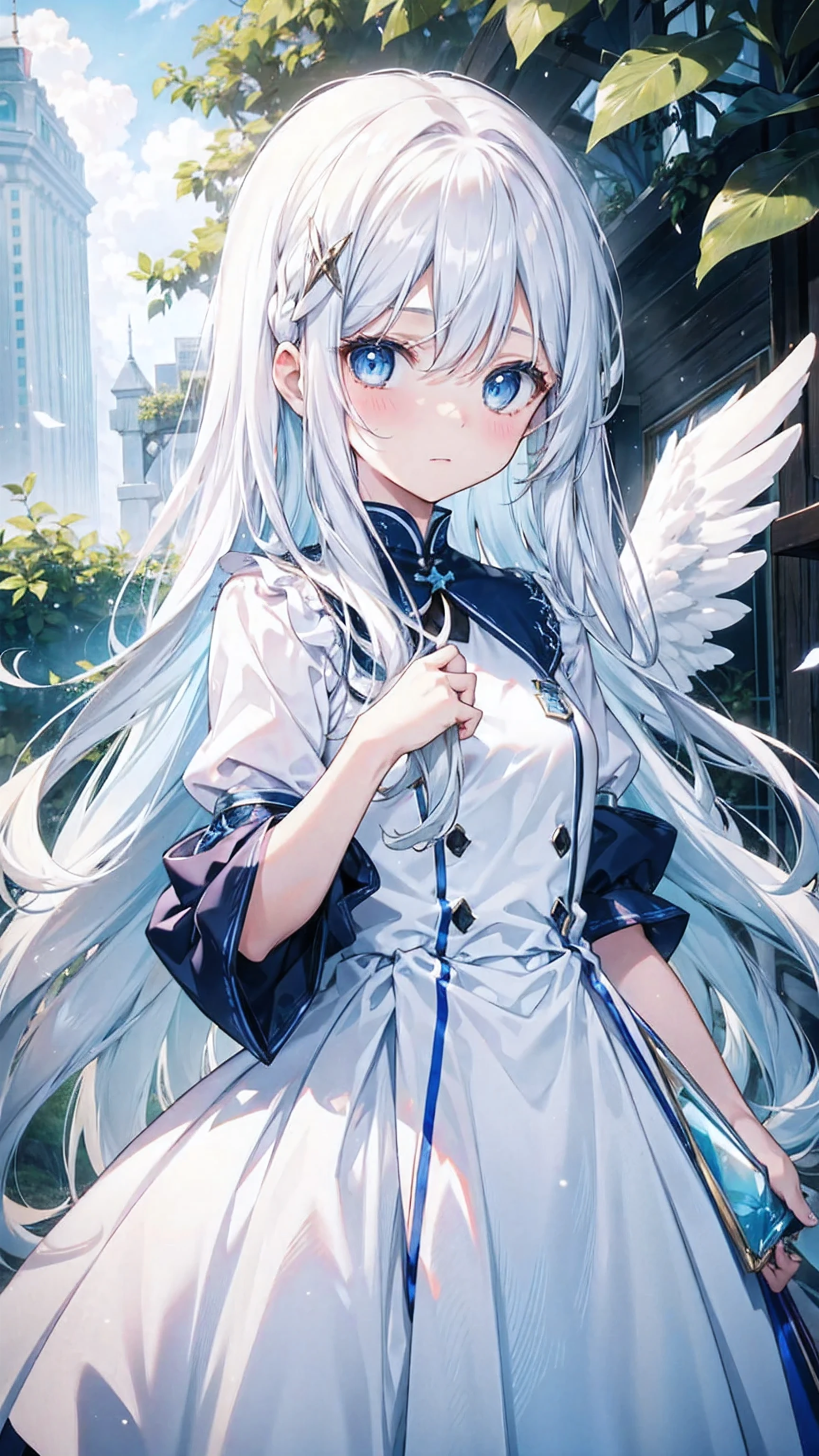 A pretty girl with long white hair and blue eyes、、Surprised、Bright expression、joy、White dress、Angel wings on the back