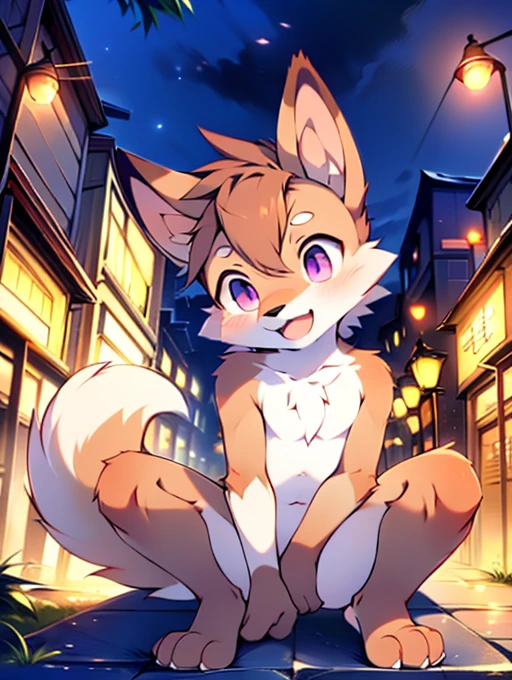 , **********, cute, (alone), (((Has brown and white fur))), Big purple eyes, Blushing, smile, Open your mouth, Sticking out tongue，tooth、Canine，walking, night, Ancient Asian cities, bright street lights, Blue and black slate road, Empty Streets, Starry Sky, Shadow, Detailed facial depiction, ((Accurate hand drawing)), レンブラントの光とShadow, Ultra-fine，high resolution，Completely naked，Naked，Naked，Full nudity，Nude，Barely，Fully visible，Spread your legs and point your crotch，Embarrassing，Embarrassed look，On all fours，Put your hands and feet on the ground，Sit like a dog，quadruped，Accurate hand and foot count，shame，A furry in heat，first round，Fantasy，Anime-style depiction，Male furry，Animal penises，Young，Young子どものケモノ，