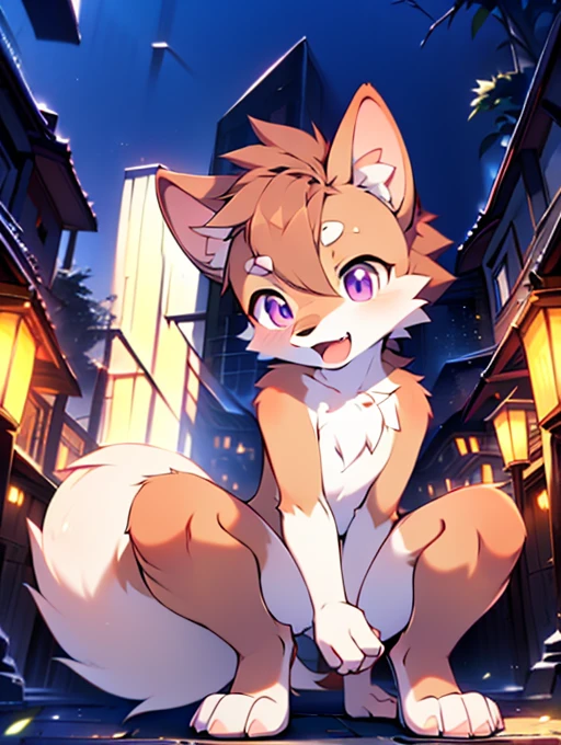 , **********, cute, (alone), (((Has brown and white fur))), Big purple eyes, Blushing, smile, Open your mouth, Sticking out tongue，tooth、Canine，walking, night, Ancient Asian cities, bright street lights, Blue and black slate road, Empty Streets, Starry Sky, Shadow, Detailed facial depiction, ((Accurate hand drawing)), レンブラントの光とShadow, Ultra-fine，high resolution，Completely naked，Naked，Naked，Full nudity，Nude，Barely，Fully visible，Spread your legs and point your crotch，Embarrassing，Embarrassed look，On all fours，Put your hands and feet on the ground，Sit like a dog，quadruped，Accurate hand and foot count，shame，A furry in heat，first round，Fantasy，Anime-style depiction，Male furry，Animal penises，Young，Young子どものケモノ，