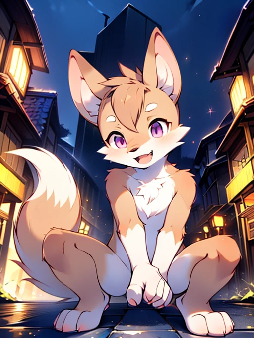 , **********, cute, (alone), (((Has brown and white fur))), Big purple eyes, Blushing, smile, Open your mouth, Sticking out tongue，tooth、Canine，walking, night, Ancient Asian cities, bright street lights, Blue and black slate road, Empty Streets, Starry Sky, Shadow, Detailed facial depiction, ((Accurate hand drawing)), レンブラントの光とShadow, Ultra-fine，high resolution，Completely naked，Naked，Naked，Full nudity，Nude，Barely，Fully visible，Spread your legs and point your crotch，Embarrassing，Embarrassed look，On all fours，Put your hands and feet on the ground，Sit like a dog，quadruped，Accurate hand and foot count，shame，A furry in heat，first round，Fantasy，Anime-style depiction，Male furry，Animal penises，Young，Young子どものケモノ，