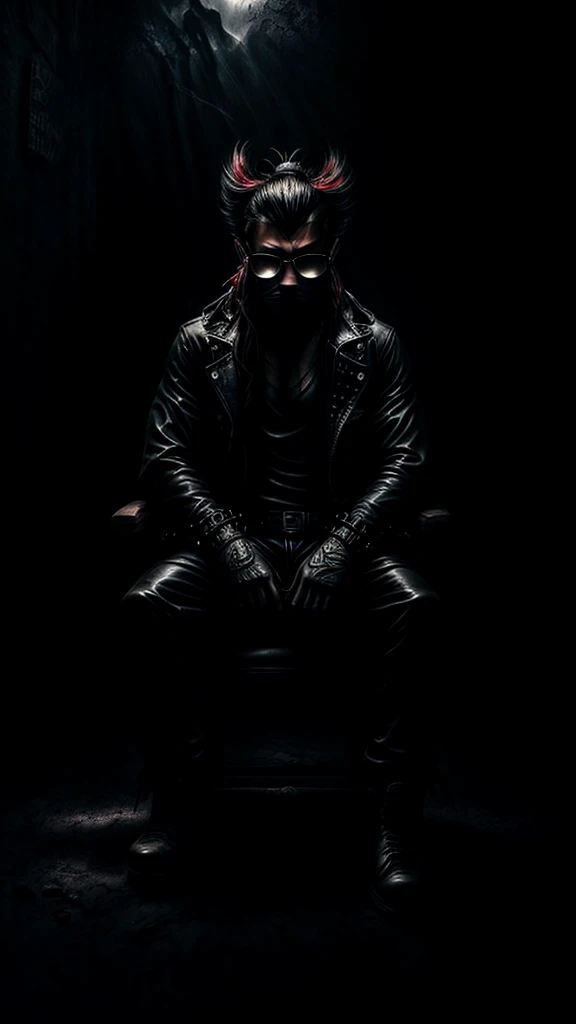 a stylish korean man with long hair tied in bun, wearing black round sunglasses, black leather gloves, dark clothing, sitting on a chair in a dark environment, dynamic point of view, best quality, ultra-detailed, photorealistic, vivid colors, dramatic lighting, chiaroscuro, dark and moody atmosphere, masculine, charismatic, punk style