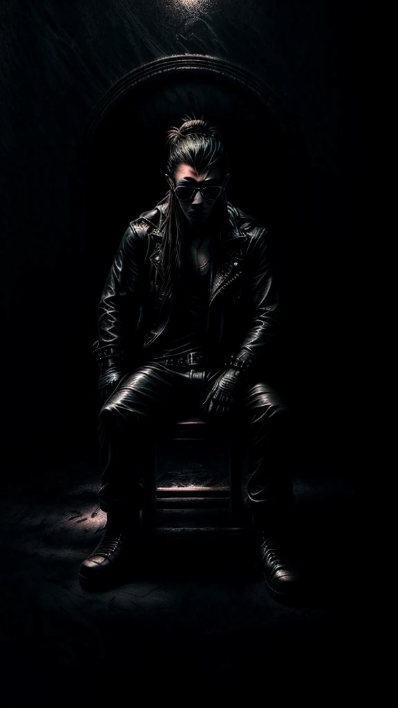 a stylish korean man with long hair tied in bun, wearing black round sunglasses, black leather gloves, dark clothing, sitting on a chair in a dark environment, dynamic point of view, best quality, ultra-detailed, photorealistic, vivid colors, dramatic lighting, chiaroscuro, dark and moody atmosphere, masculine, charismatic, punk style