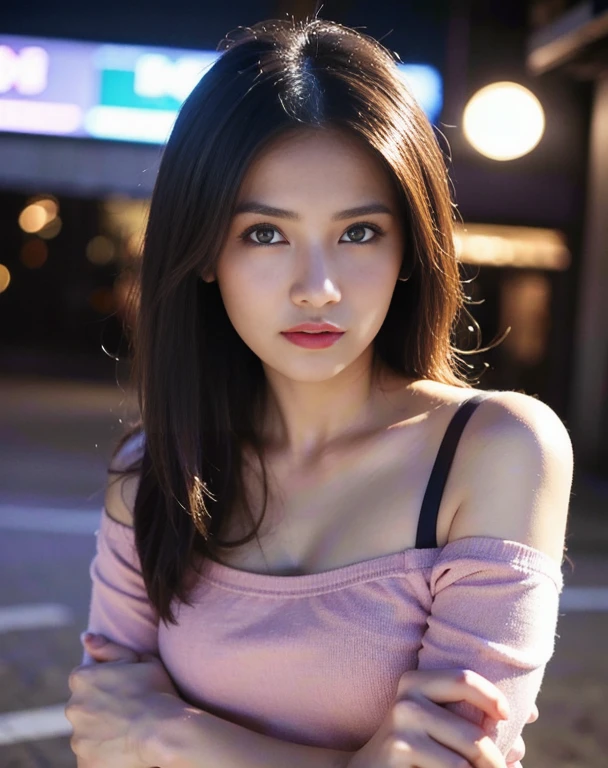 canon rf 85mm f1.2, (masterpiece:1.3), 8K, Photorealsitic, Raw photography, (Top image quality:1.4), asian high school girls, ( black long straight hairs bring to the front of the body), (breast size:1), Super Detail Face, (sharp focus:1.2), (pretty woman:1.4), top-quality, masterpiece, A high resolution, (Photorealsitic:1.4), Highly detailed and professional lighting, slender, wearing pink shirt off shoulder, serious facial expression, rules of third, 1 person, pretty eyes, closed_lips, standing on the street at night, cute pose
