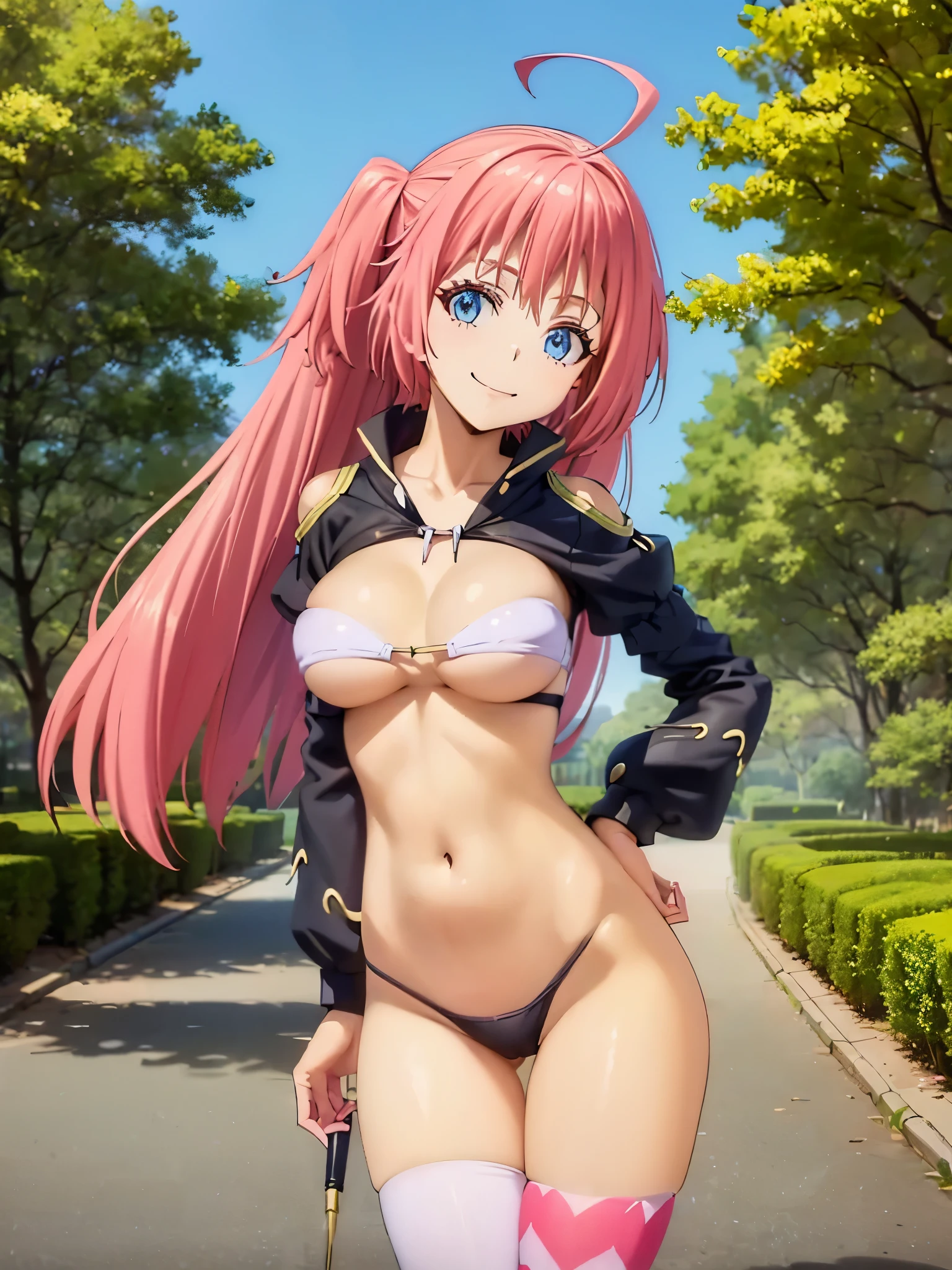 1girl, solo, beautiful girl, brunetteskin, blue eyes, big eyes, long eyelashes, pink hair, long hair, sidelocks, twintails, head tilt, fang, medium breasts, black bikini, string bikini, bikini bottom only, white crop top, asymmetrical legwear, ahoge, clothing cutout, cowboy shot, juliet sleeves, long sleeves, puffy sleeves, pink legwear, revealing clothes, shoulder cutout, thighhighs, no pants, skindentation, smile, looking at viewer, narrow waist, perfect hands, perfect anatomy, cleavage, midriff, navel, covered nipples, old town, outdoors, 