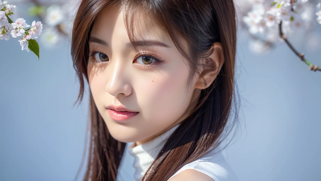 a white cherry blossom and female,(detailed face),VIVID,pretty,sleeveless and turtle neck white silky clothes,4k ,super high resolution ,(photo-realistic: 1.7), white background,black long hair,