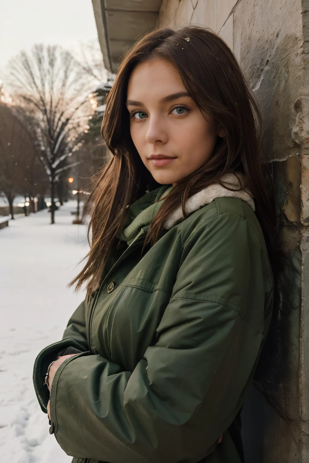 ((Best quality)), ((A photograph )), (A tall, beautiful girl with brown hair and jade-green eyes in Washington in the winter 