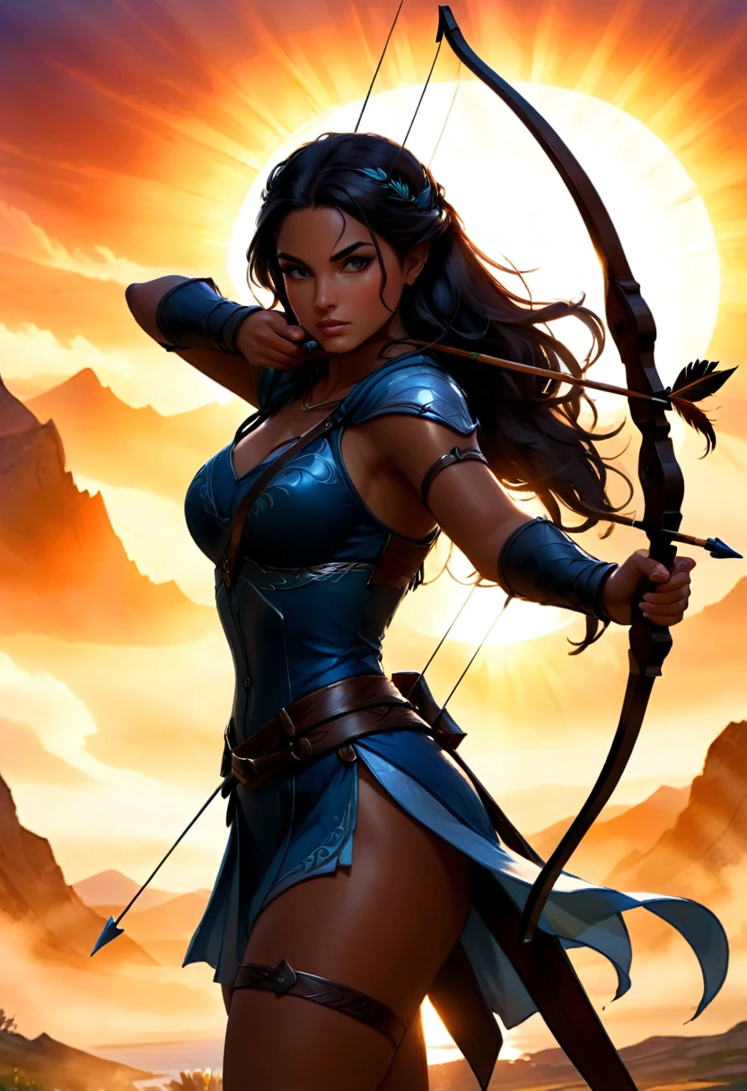 a watercolor illustration of a exquisite beautiful female archer, (silhouette artwork: 1.3), ready for action as the sun rises, fantasy art, ), sun rising behind the archer, ready to act,  ultra feminine, with a long curvy hair, dynamic bow, sting drawn to the cheek , arrow ready to be shot, (arrow tip glimmers: 1.1), sunrays, divine rays, high details, best quality, 16k, [ultra detailed], masterpiece, best quality, (extremely detailed), dynamic angle, Aiming a Bow, bow (weapon)