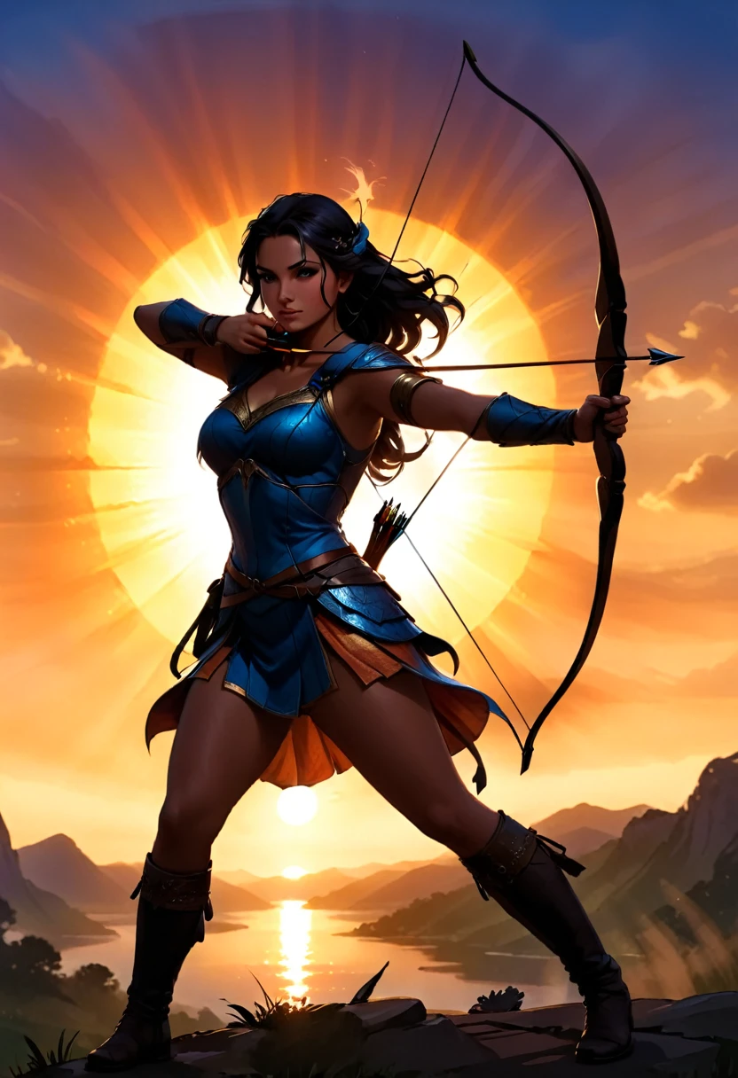 a watercolor illustration of a exquisite beautiful female archer, (silhouette artwork: 1.3), ready for action as the sun rises, fantasy art, ), sun rising behind the archer, ready to act,  ultra feminine, with a long curvy hair, dynamic bow, sting drawn to the cheek , arrow ready to be shot, (arrow tip glimmers: 1.1), sunrays, divine rays, high details, best quality, 16k, [ultra detailed], masterpiece, best quality, (extremely detailed), dynamic angle, Aiming a Bow, bow (weapon)