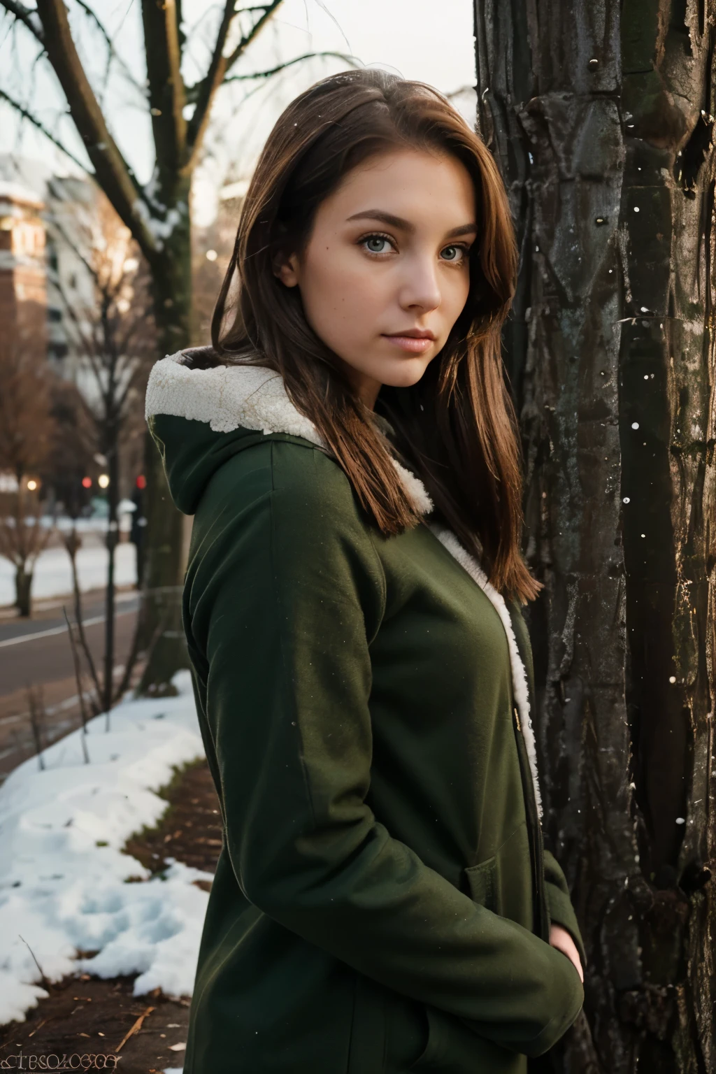 ((Best quality)), ((A photograph )), (A tall, beautiful girl with brown hair and jade-green eyes in Washington in the winter