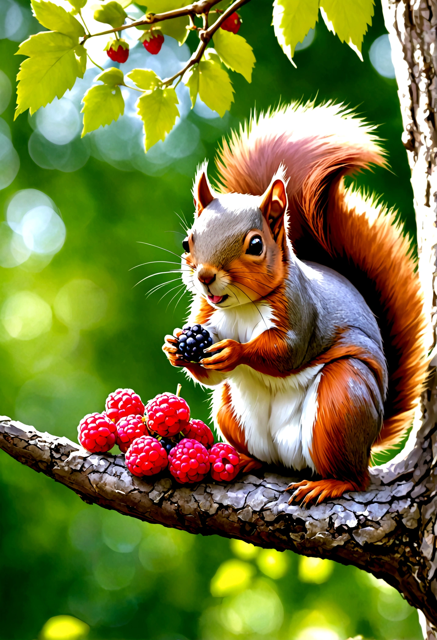 A magical squirrel eating berry in summer