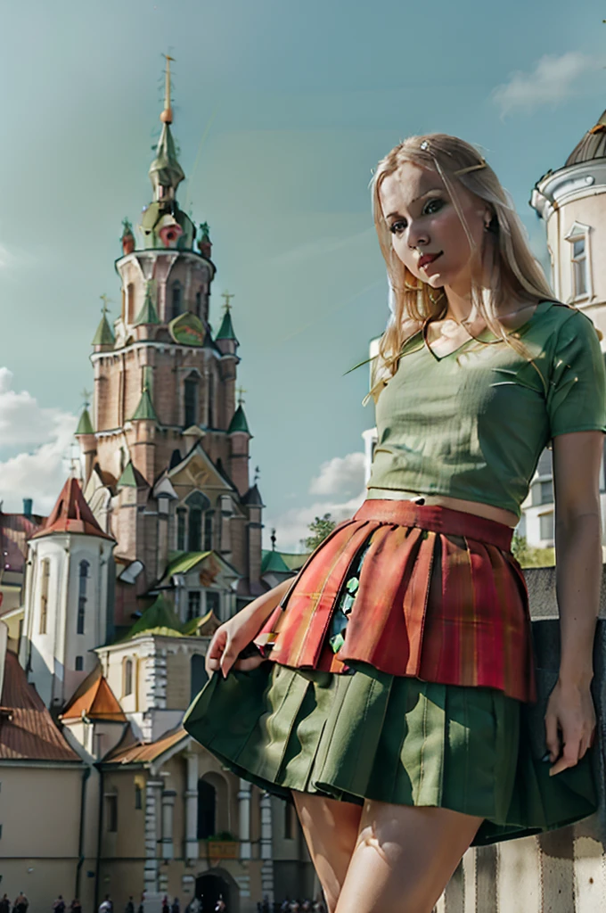 Lituania, pretty women blonde, ((In Vilnius City)), (((the Vilnius cathedrale tower))), (((wear a green top)), (((wear a red skirt)))