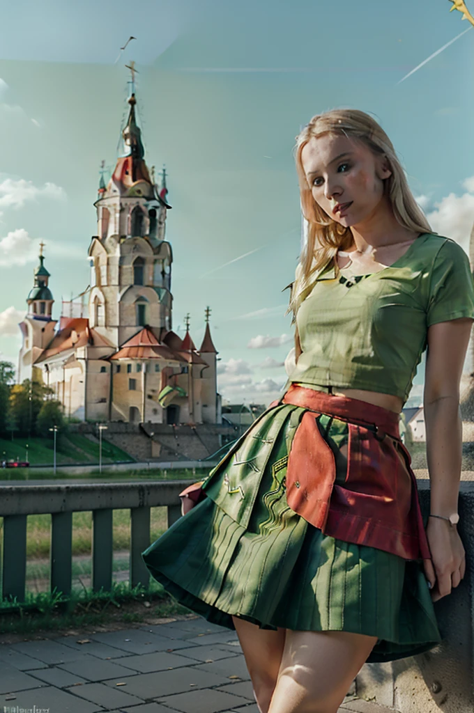 Lituania, pretty women blonde, ((In Vilnius City)), (((the Vilnius cathedrale tower))), (((wear a green top)), (((wear a red skirt)))